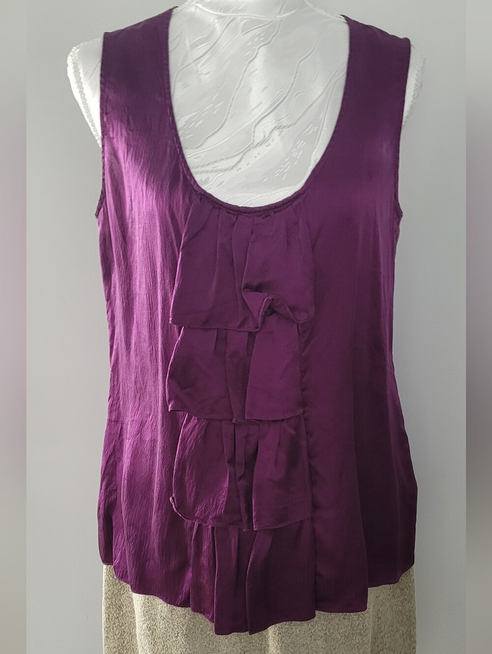 100% Silk Sleeveless Purple Ruffle Front Blouse